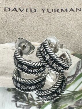 David Yurman Midnight Melange Diamond Semi Hoop Earrings .925/14K